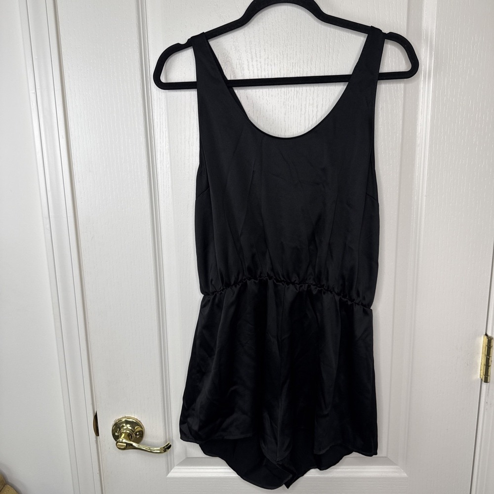 Victorias Secret Womens Black Satin Romper M Open Tie Back Elastic Waist Flowy